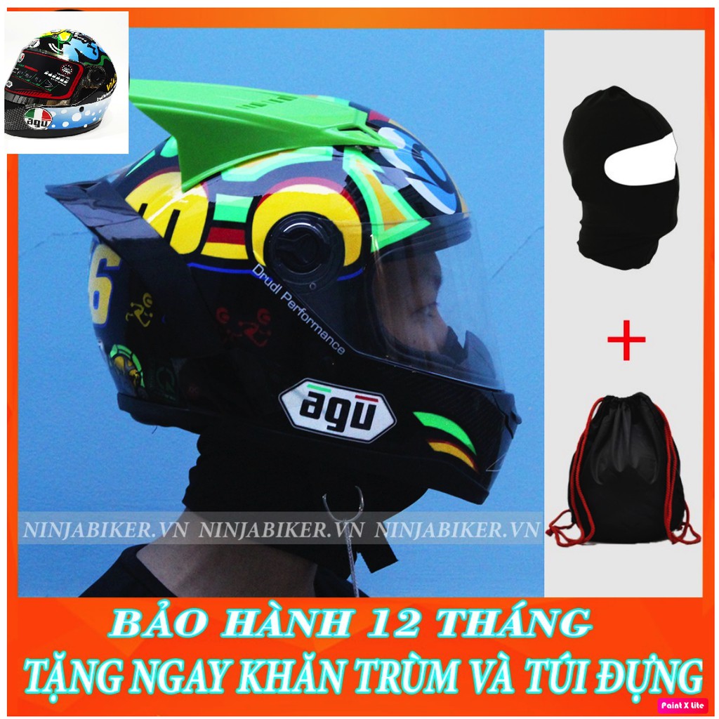 Mũ bảo hiểm AGU tem Rùa gắn Đuôi gió agv + Sừng, tặng mũ trùm đầu và balo đựng mũ chính hãng AGU