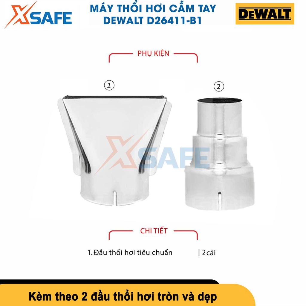 Máy khò màng co DEWALT D26411-B1 1800W, có nút điều chỉnh nhiệt độ 50-600°C,kèm 2 đầu ống tròn và dẹp[CHÍNH HÃNG][XSAFE]
