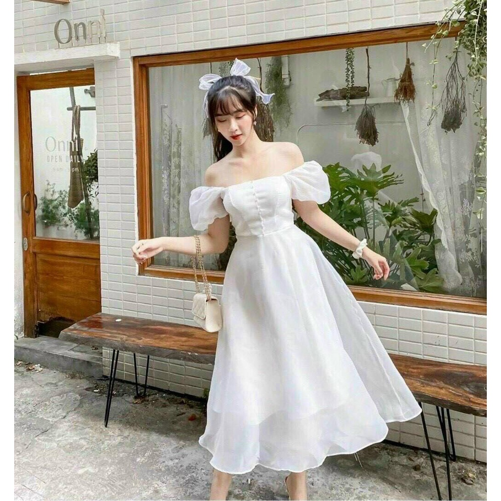 Đầm Váy Thời Trang Nữ Dạ Hội Đính Cườm Ngực Tay Bồng Cổ Vuông Chất Voan Tơ Bóng Kèm Lót