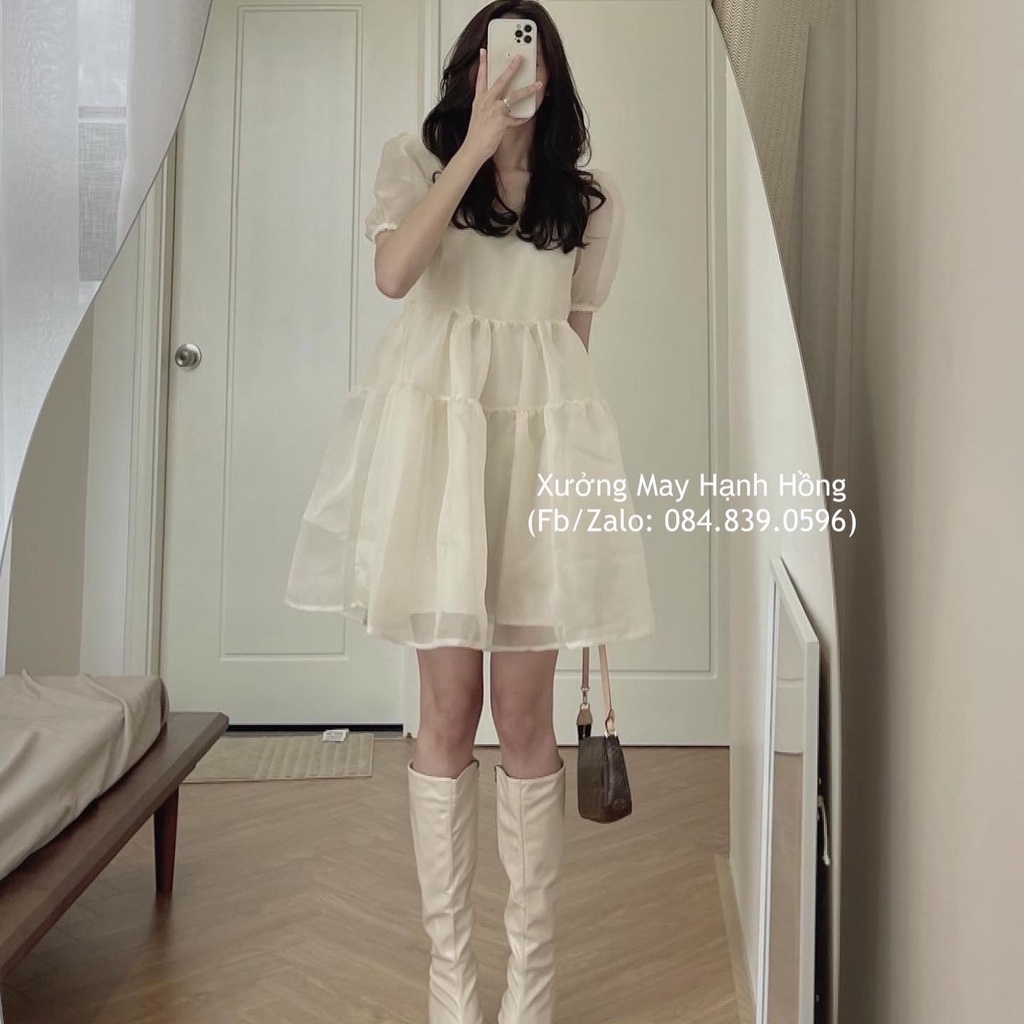 Váy trắng dự tiệc tiểu thư tay phồng cổ vuông, Váy công chúa trắng tay bồng có đệm ngực