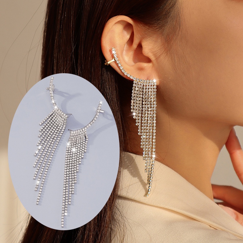 Khuyên Tai Tua Rua Dài Đính Đá Đơn Giản Sang Trọng