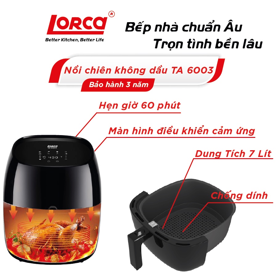 [Mã ELHADEV giảm 4% đơn 300K] Nồi chiên không dầu Lorca TA 6003 dung tích 7 lít bảo hành 3 năm