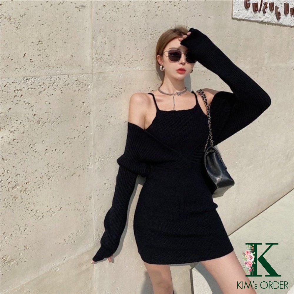 Đầm Len Body Nữ Màu Trắng Đen Ghi Dài Tay Bồng Tiểu Thư Cổ Chữ V Váy Len Hai Dây Dáng Ôm Sát Đi Tiệc Sành Điệu Loại Đẹp