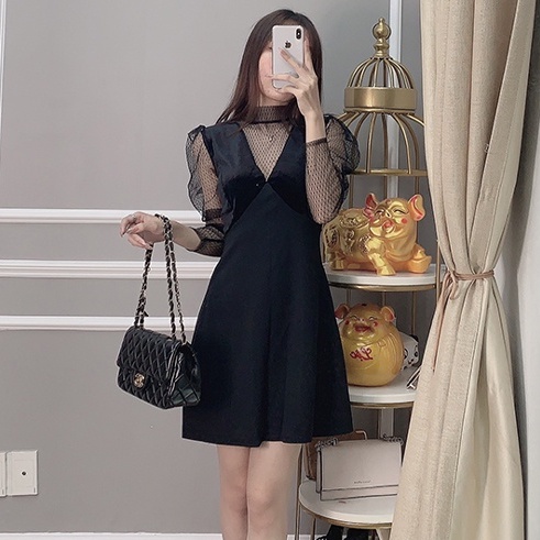 Đầm body dự tiệc phối tay lưới 2023 sang trọng màu đen