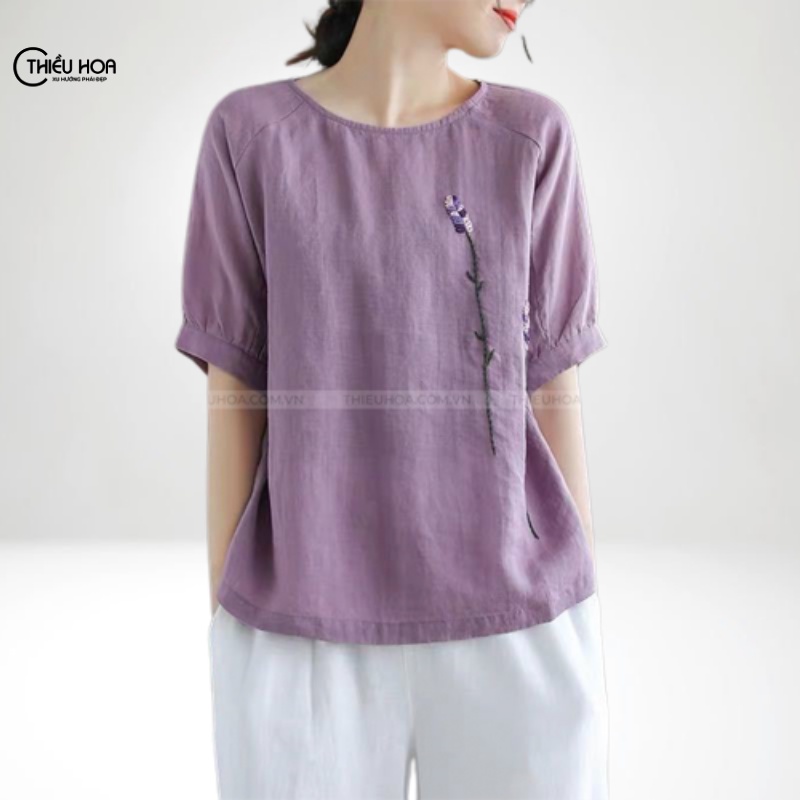 Áo Kiểu Nữ Linen Tay Bồng Thiều Hoa Y969