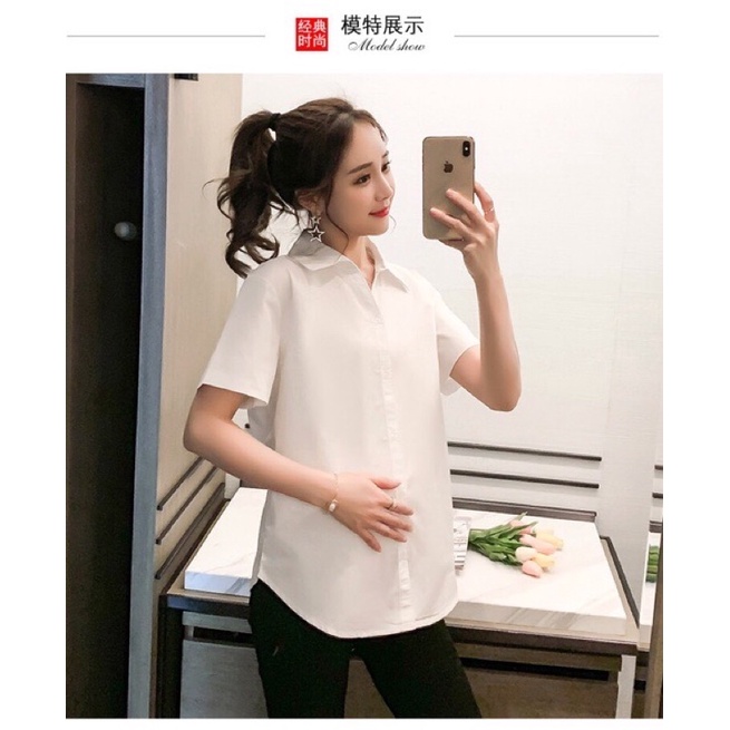 Áo bầu sơ mi nữ trắng form rộng công sở kiểu tay ngắn đẹp SM07