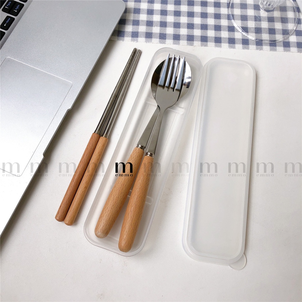 BỘ 3 MÓN MUỖNG, ĐŨA, NĨA INOX CÁN GỖ EMMO SAPOON