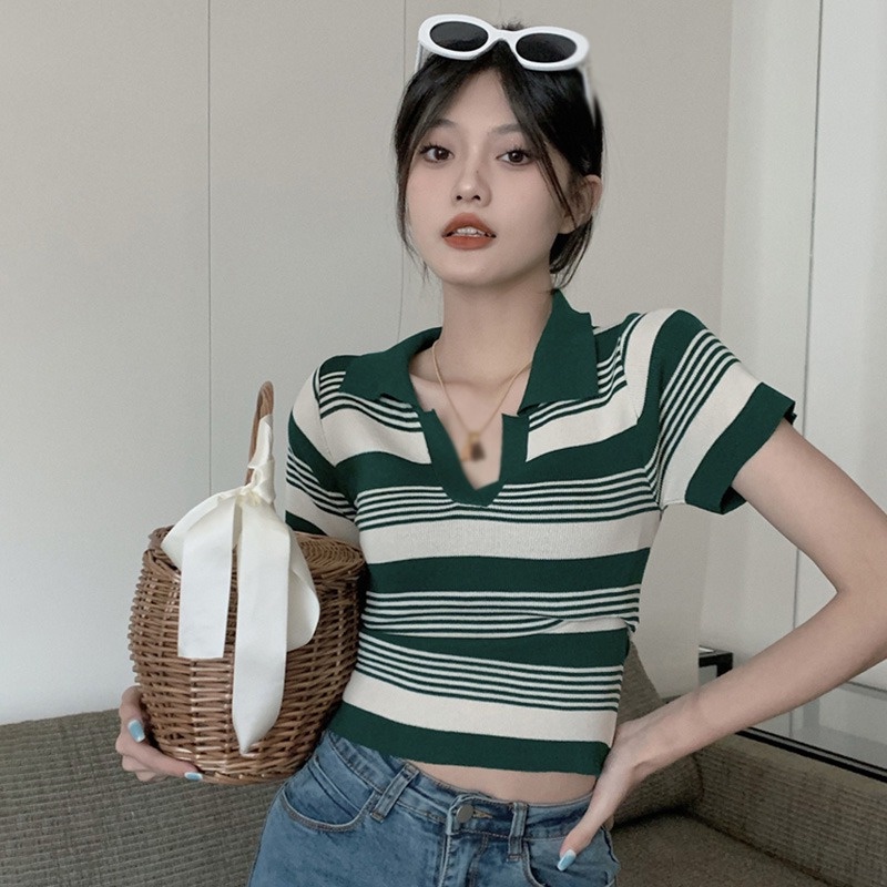 Áo Croptop Dệt Kim Cổ Bẻ Dáng Ôm Thời Trang Retro Cho Nữ