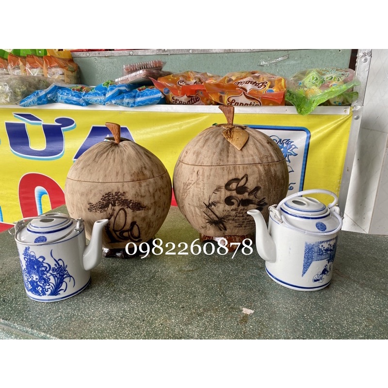Vỏ Ủ Giữ Ấm Bình Trà Trái Dừa Khắc Lazes Size lớn 1200ml -Combo Vỏ/ ấm tích