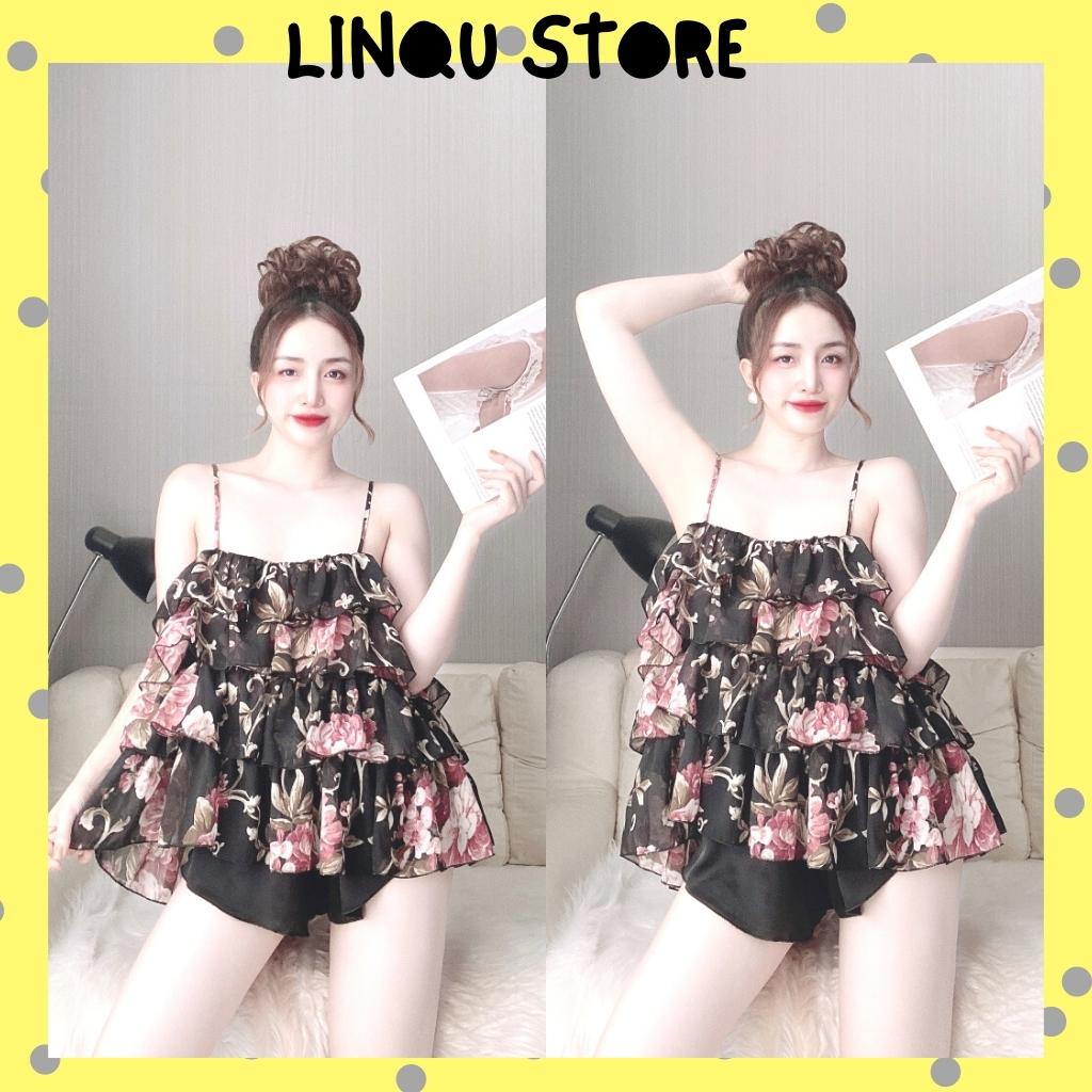 Đồ ngủ 2 dây sexy, đồ ngủ sexy chất chiffon phối satin mềm mịn mặc ngủ thoải mái Freesize - Linqu Sleepwear