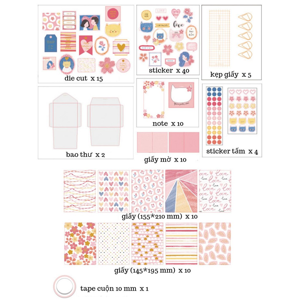 SET STICKER VÀ GIẤY TRANG TRÍ SCRAPBOOK, PLANNER, THIỆP 10 MÓN