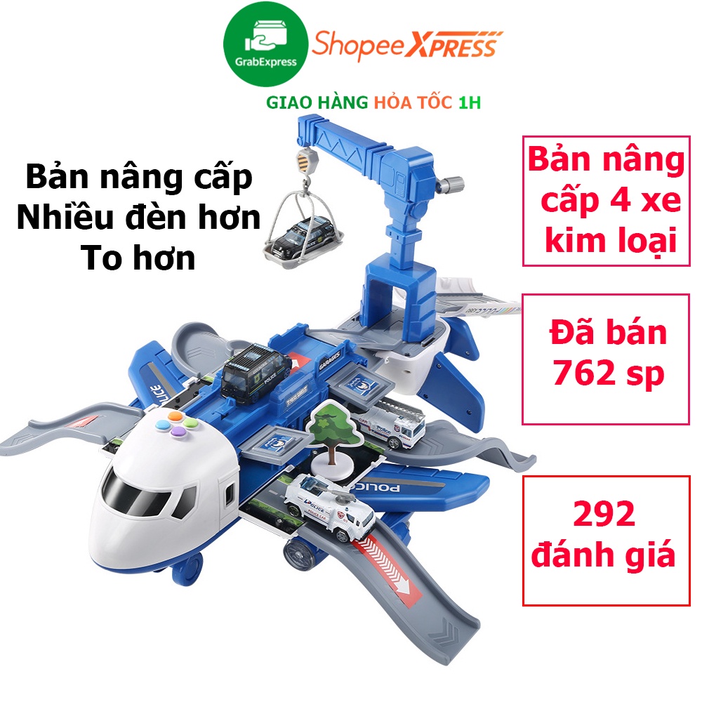Đồ chơi máy bay chạy pin kèm 4 xe cảnh sát kim loại hot wheels có giàn cẩu, đèn biển báo