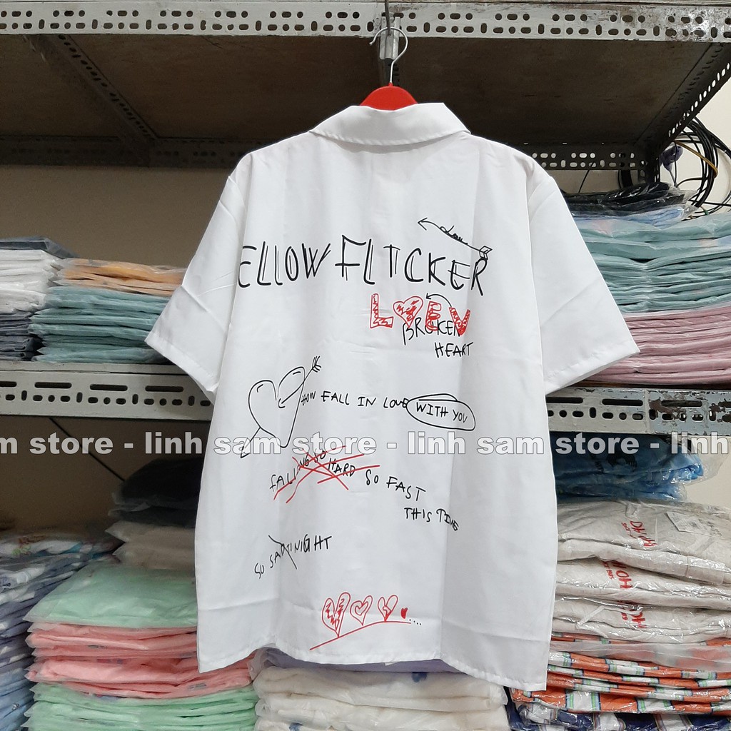 Áo sơ mi nữ cổ bẻ có túi tay lỡ dáng ulzzang freesize form rộng unisex in chữ yellow flicker LOVER