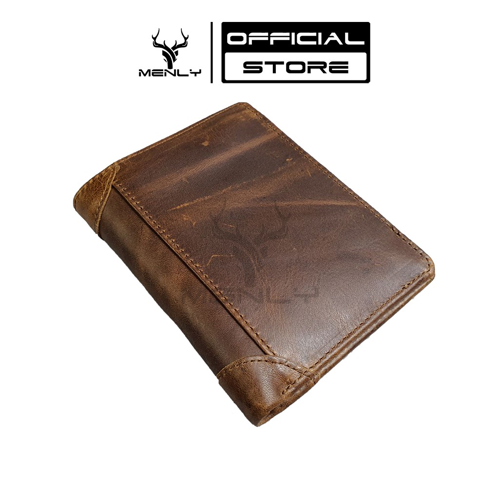 Ví nam đứng da sáp MENLY Waxy Leather Wallet, ví da thật cao cấp