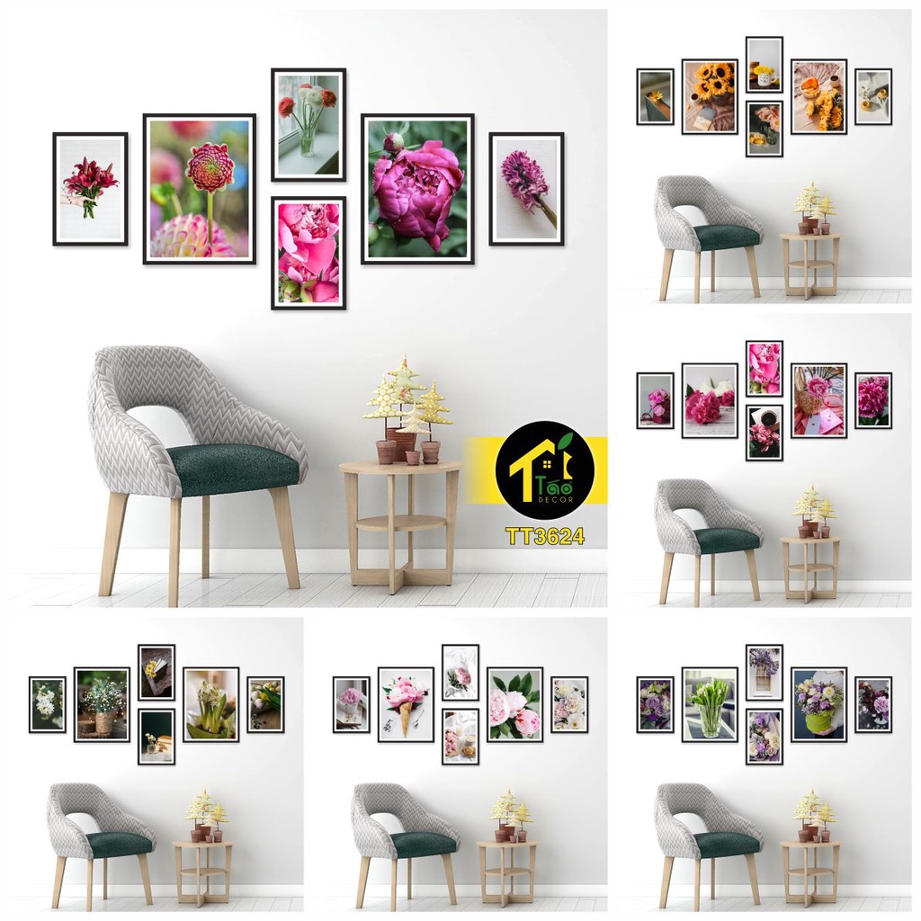 Bộ sưu tập 16 set 6 tranh treo tường, tranh dán tường hoa mẫu đơn siêu nét đầy đủ kích cỡ có sẵn keo hai mặt, Táo Decor