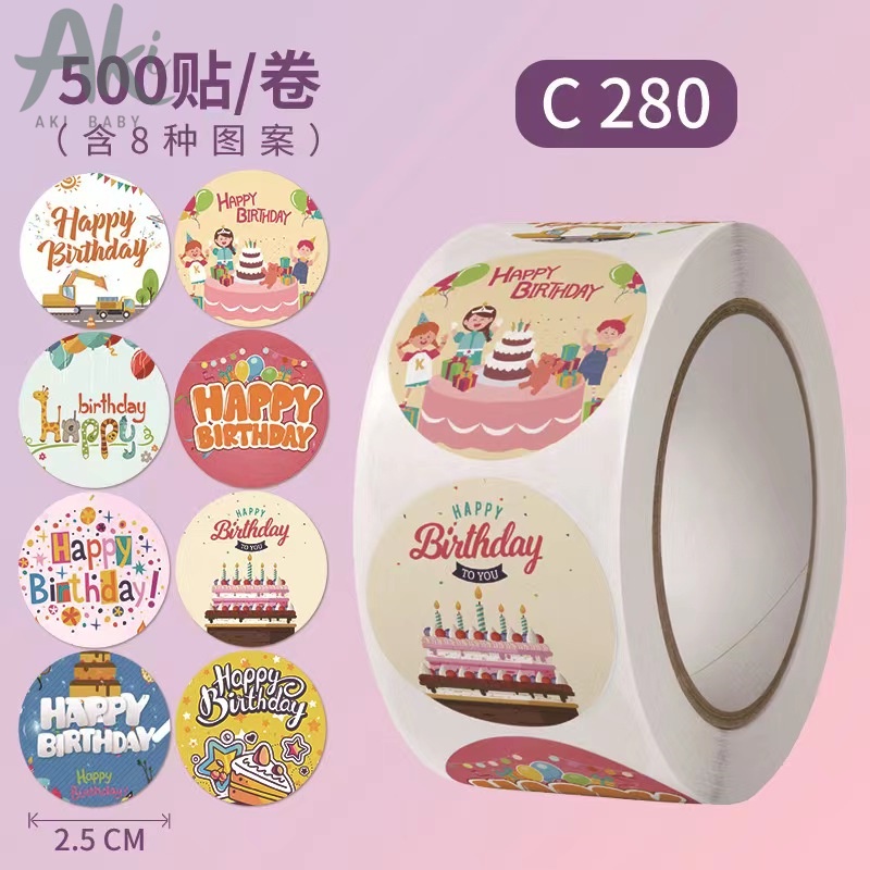 Giá Xưởng - Cuộn Sticker 500 tem happy birth day nhãn dán chúc mừng sinh nhật 25mm trang trí xinh xắn