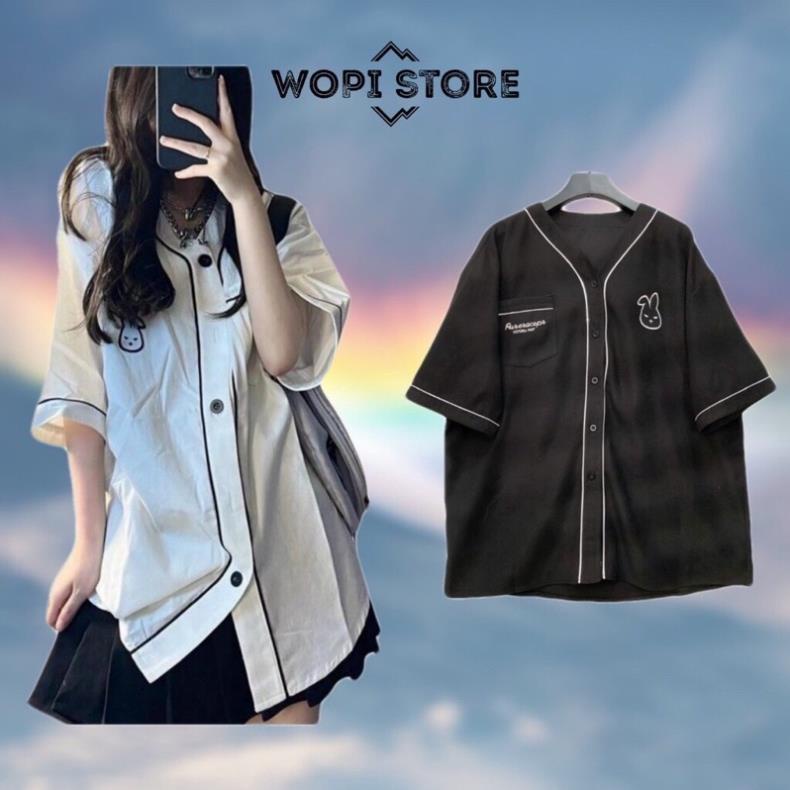 [RẺ VÔ ĐỊCH] Sơ mi nẹp mí chạy viền hình thêu thỏ trước ngực tạo điểm nhấn