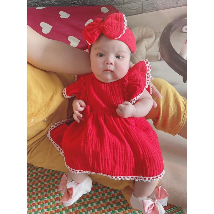 Đầm body trẻ em Nina Kids Boutique Body váy bé gái cánh tiên Màu đỏ phối ren Kèm turban nơ Size 0m 24m