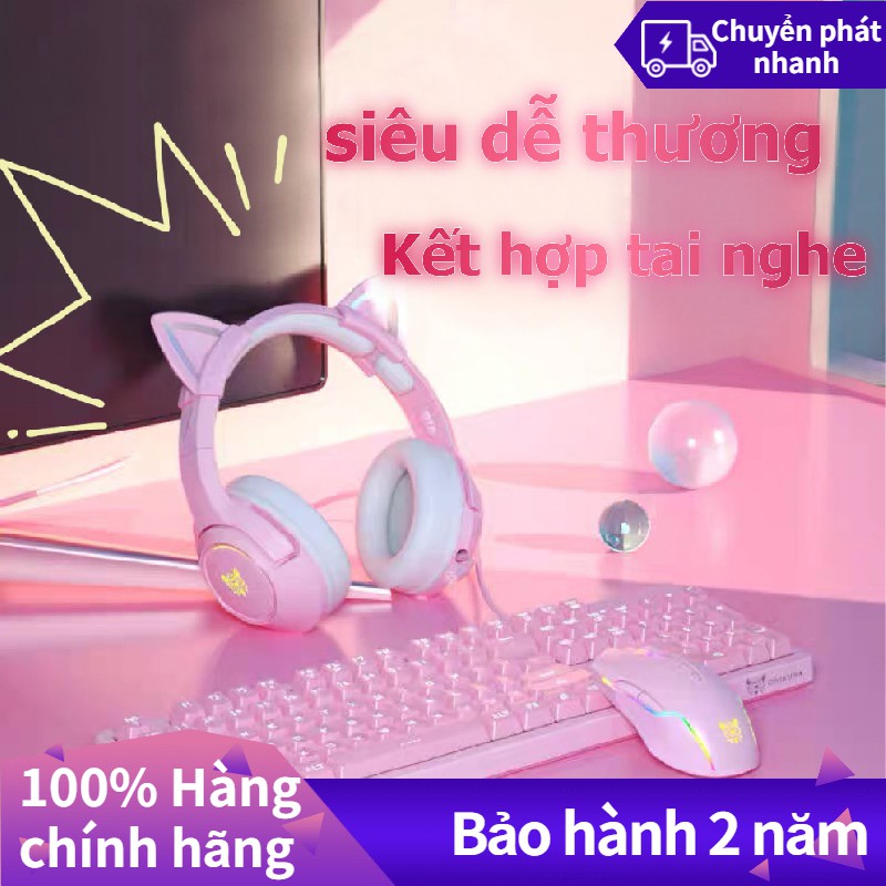 🔥Hot Sale onikuma k9 màu hồng Tai nghe chuột bàn phím Bộ đồ tai nghe mèo RGB Mic chống ồn tai nghe chụp tai chơi game