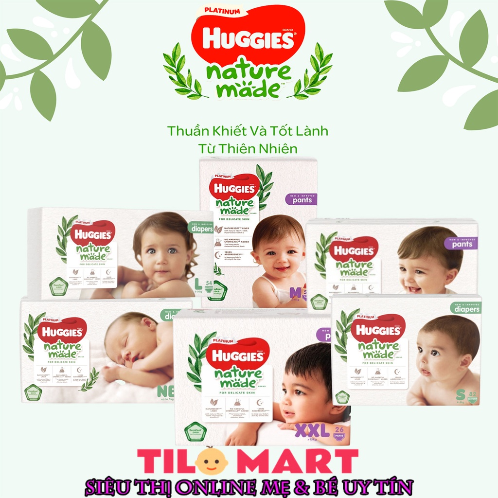 Tã dán/quần Huggies Platinum Nature Made size NB60/S82/M64/L54/XL44/M58/L44/XL38/XXL26