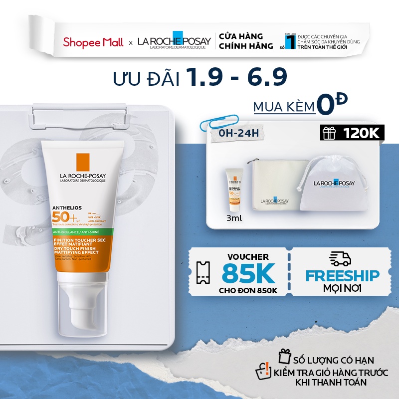 Kem chống nắng giúp kiểm soát bóng nhờn & bảo vệ da trước tia UVB UVA SPF 50+ La Roche-Posay Anthelios XL Dry Touch 50ml