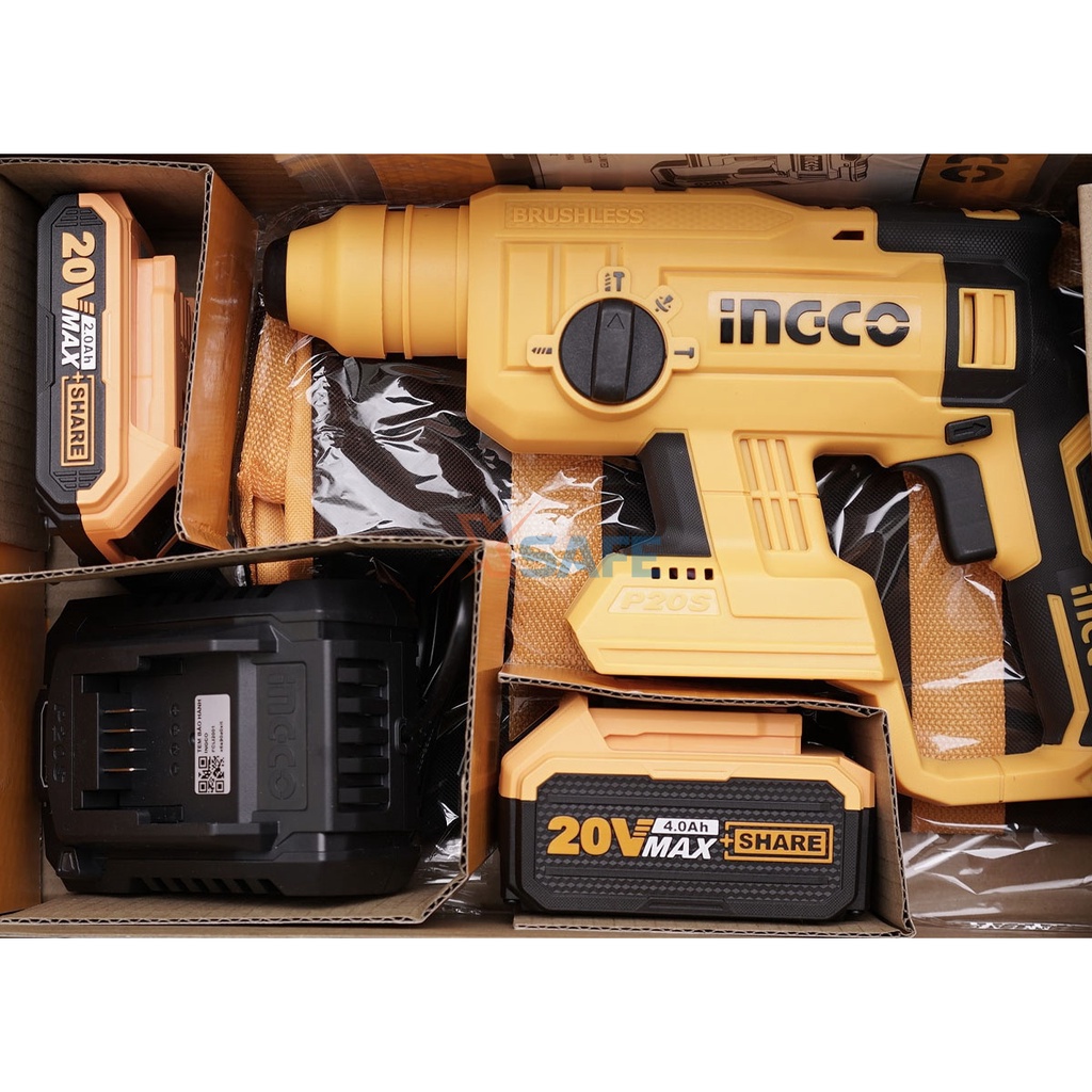Máy khoan bê tông pin INGCO CRHLI2201 20V motor không chổi than, tích hợp đèn làm việc, chưa bao gồm pin sạc