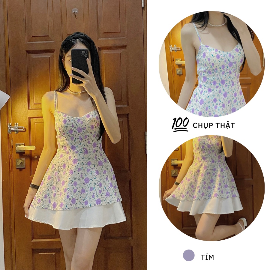 SET ÁO HOA NHÍ HAI DÂY CÓ MÚT NGỰC + CHÂN VÁY TRẮNG XOÈ CỰC XINH TÔN DÁNG