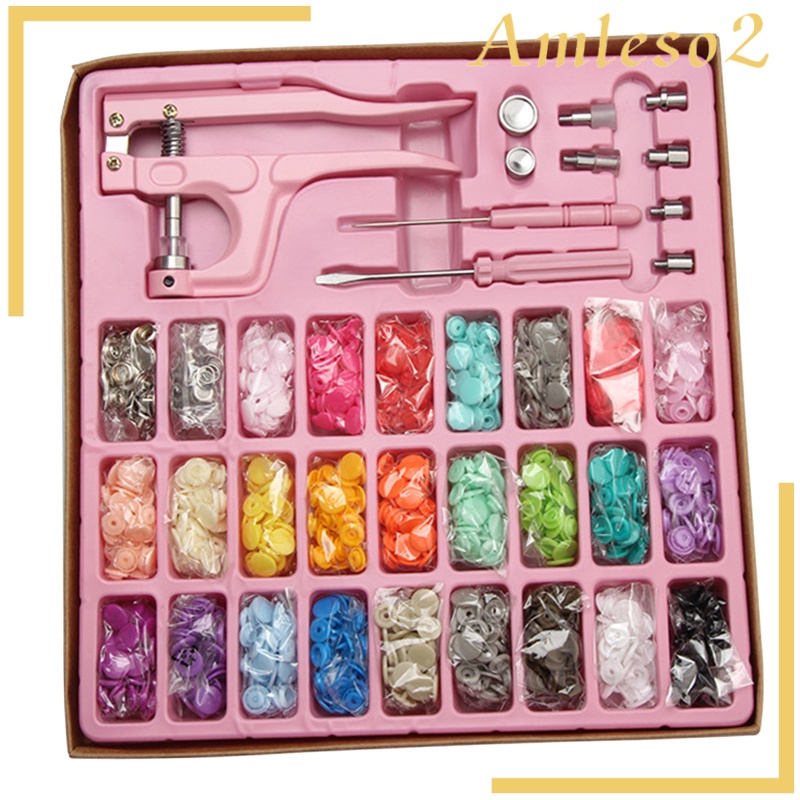 [AMLESO2]1 Set Snap Button Kit Resin Buttons Metal Buttons w/ Fastener Pliers Press Tool for Installing Clothes Bags Wallets Sewing Diaper Total 300 Buttons