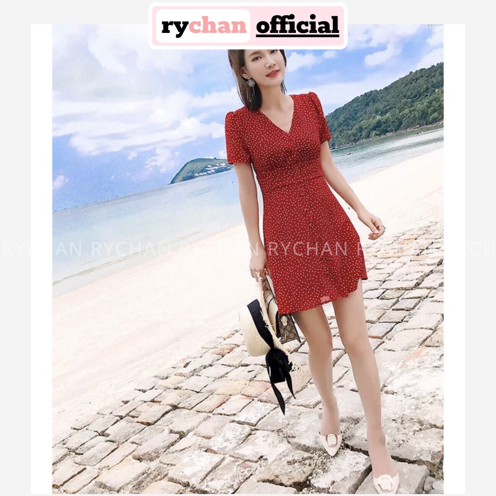 DX789 - Đầm Xòe Chấm Bi Đỏ Bo Eo Cổ V Tay Ngắn