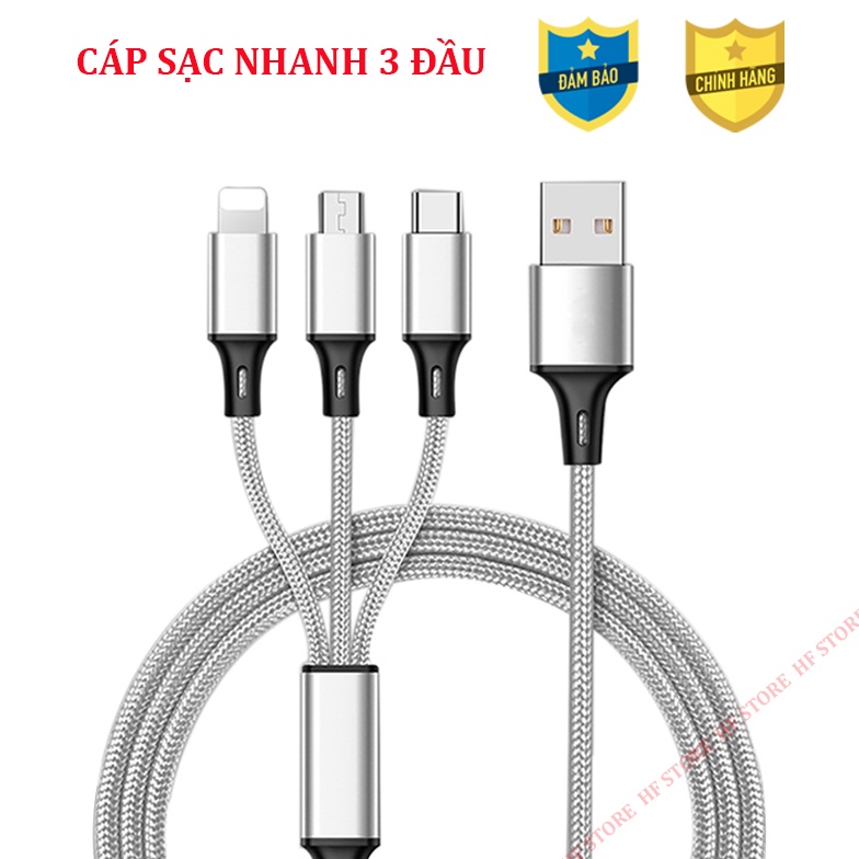 Cáp Sạc 3 Đầu Đa Năng 3in1 , Dây Cáp Sạc 3 Đầu Thông Minh Dây Dù Cực Bền