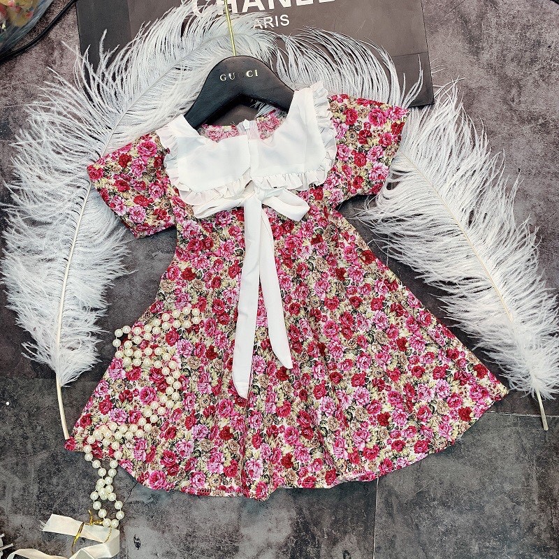 [MÃ MARU471 GIẢM 10K CHO ĐƠN 50K] Váy tiểu thư cổ vuông bèo họa tiết hoa hồng tỉ muội chất thô mềm mại cho bé 16-26kg