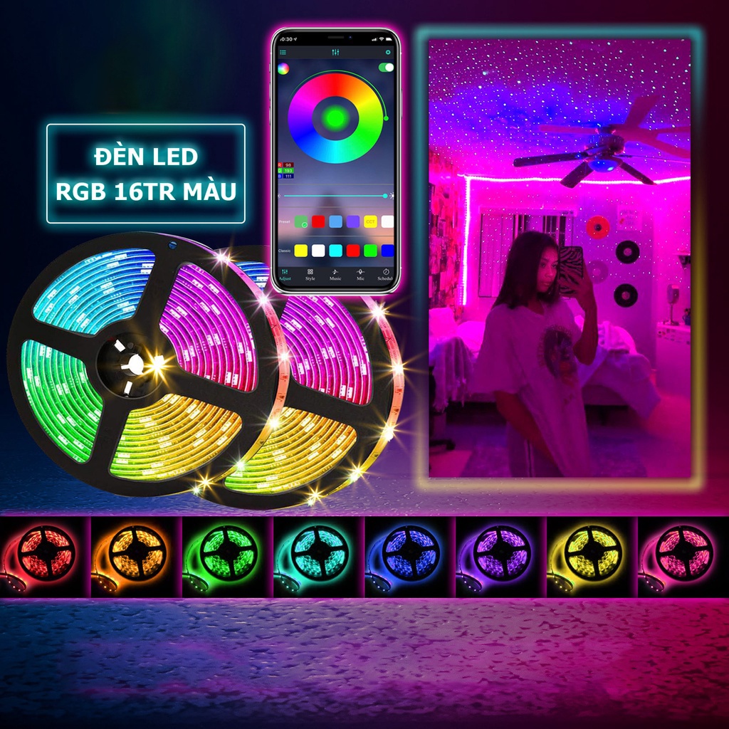 Đèn led Tiktok 3m 5m RGB 16 triệu màu điều khiển bằng điện thoại, nháy theo nhạc, combo dây led đổi màu kèm dây kết nối