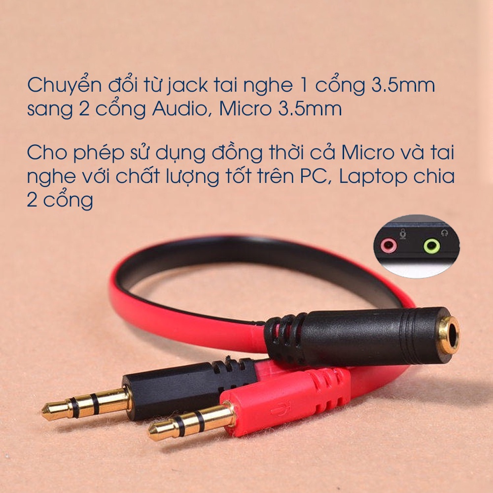 Jack chuyển đổi tai nghe 3.5mm sang 2 cổng Audio và Mic, đầu jack mạ vàng, truyền âm thanh nhạy