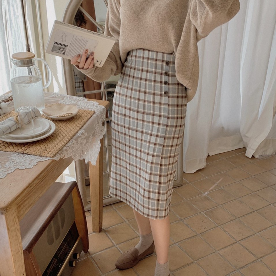 Chân váy midi lưng cao họa tiết caro phong cách retro cho nữ 38849