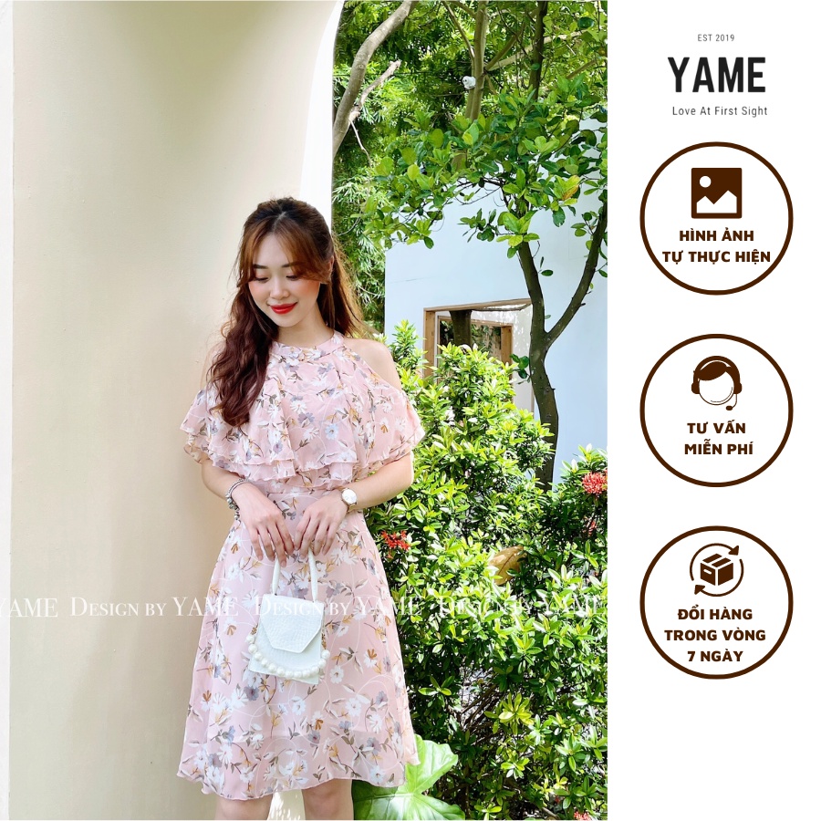 Váy đầm nữ voan hoa nhí khoét vai đi biển đi chơi màu hồng pastel Lace Dress YAME