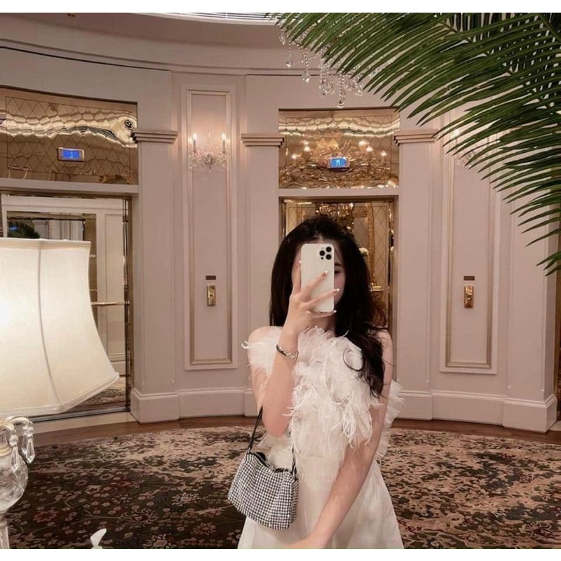 Áo Ống Ôm Dáng  Phối Lông Vũ Hở Lưng Màu Trơn Thời Trang Cho Nữ