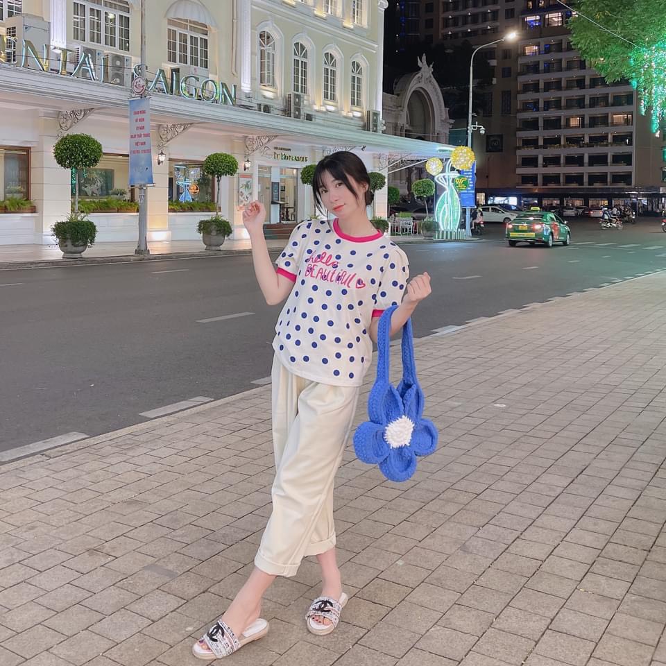 Sét áo phông chấm bi mix quần baggy kem mềm mịn kiểu dáng đơn giản kute-Minxy shop
