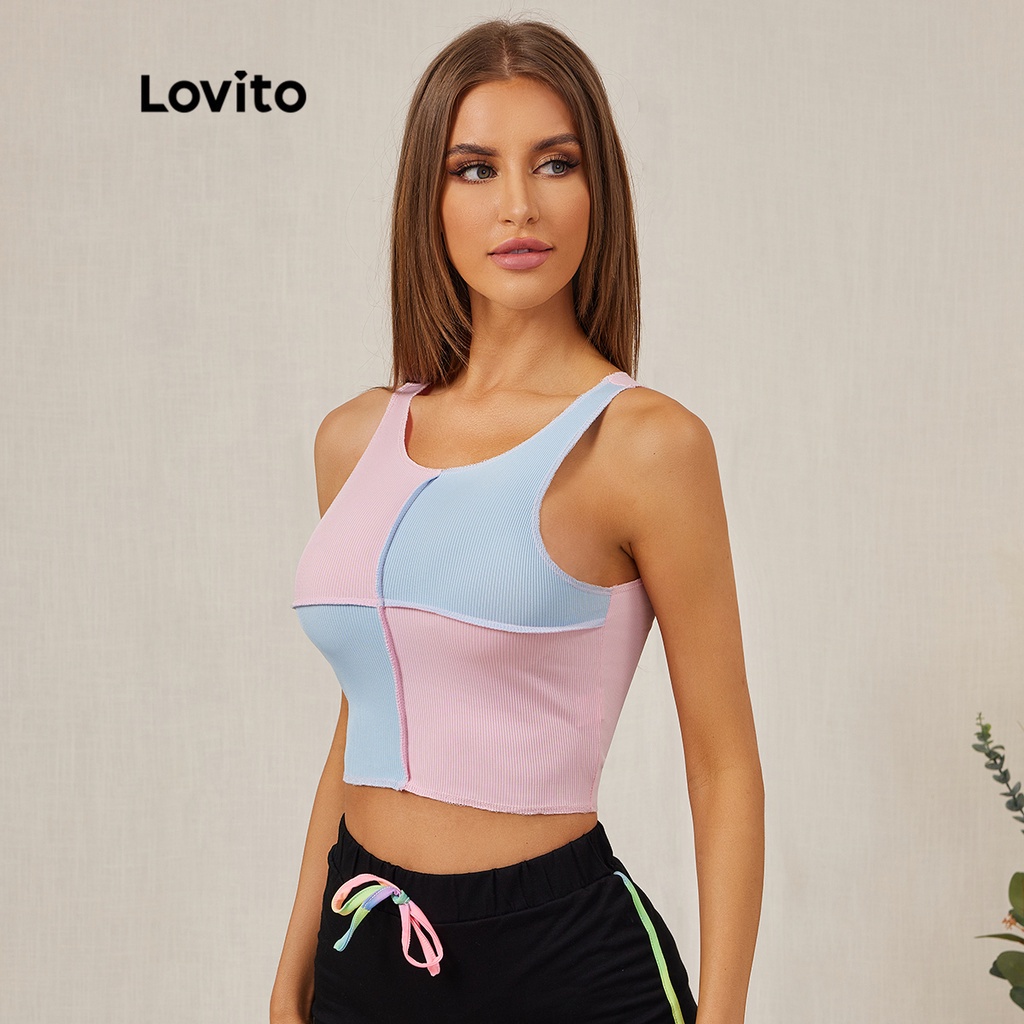 Áo sát nách Lovito ghép nối màu sắc cổ tròn màu trơn thường ngày L18D031 (Màu hồng)