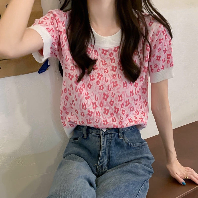 Áo thun ZHELIHANGFEI dệt kim ngắn tay in hoa xinh xắn thời trang