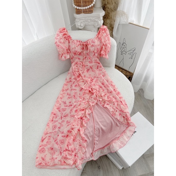 ĐẦM HOA BÈO MIDI XẺ ĐÙI XÉO HỒNG
