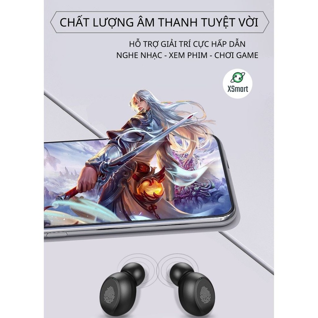 Tai nghe bluetooth không dây TW8 Bass mạnh, cảm ứng vân tay, có mic đàm thoại tương thích điện thoại, máy tỉnh bảng