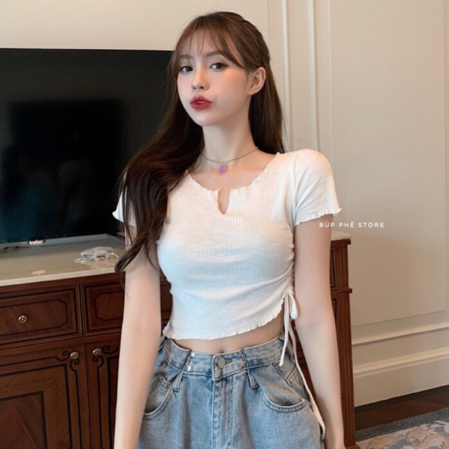 Áo croptop nhún dây rút Ulzzang