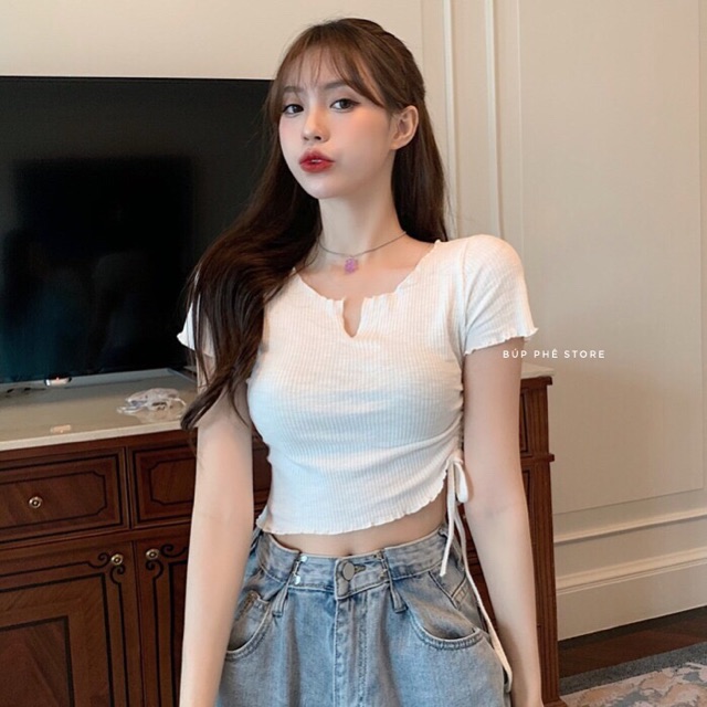 Áo croptop nhún dây rút Ulzzang