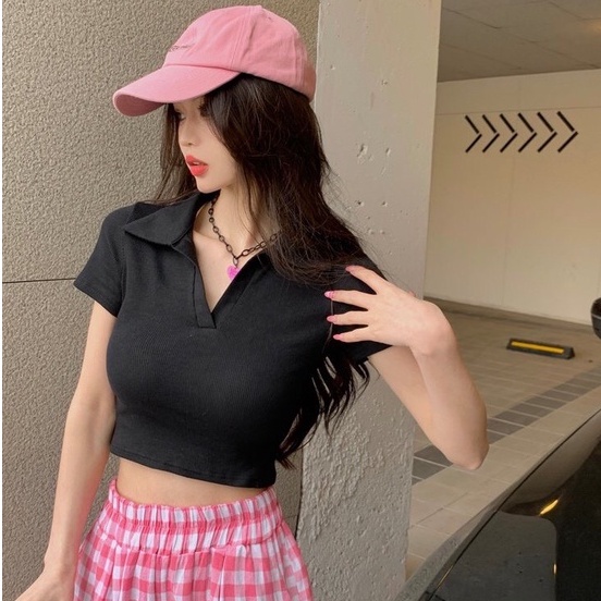Áo Croptop Ngắn Tay Cổ Polo Siêu Xinh MIMILA Áo Croptop Cổ Bẻ Nữ Chất Thun Co Giãn Thoáng Mát - MA031