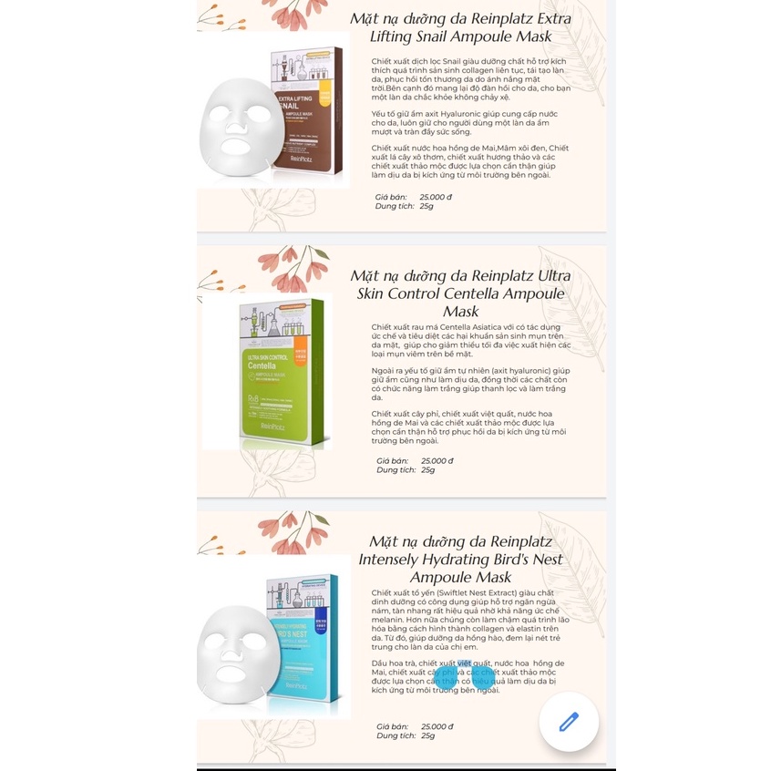 Combo 5 Mặt nạ dưỡng trắng da, ngăn ngừa lão hoá Reinplatz Ampoule Mask (25g x 5)