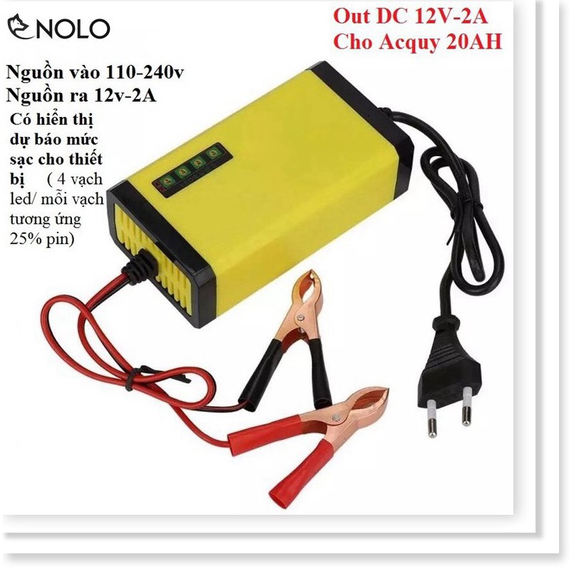 Cục Sạc Acquy Thông Minh Tự Ngắt Có Hiển Thị Mức Pin 12V 2A Dành Cho 20AH