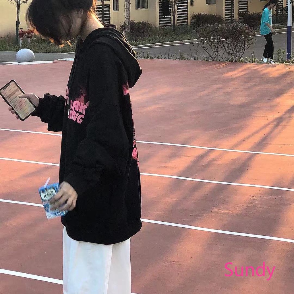 Áo hoodie màu đen lót nhung dày dặn thời trang mùa đông phong cách Hàn Quốc dành cho nữ