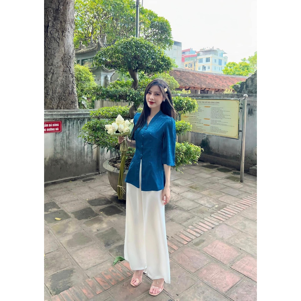 Đồ Lam Đi Chùa Nữ , Bộ Đi Lễ Chùa Lụa - Thiết Kế Cao Cấp Trang Nhã Cổ V - Trang Phục Truyền Thống Lụa Gấm Thanh Lịch