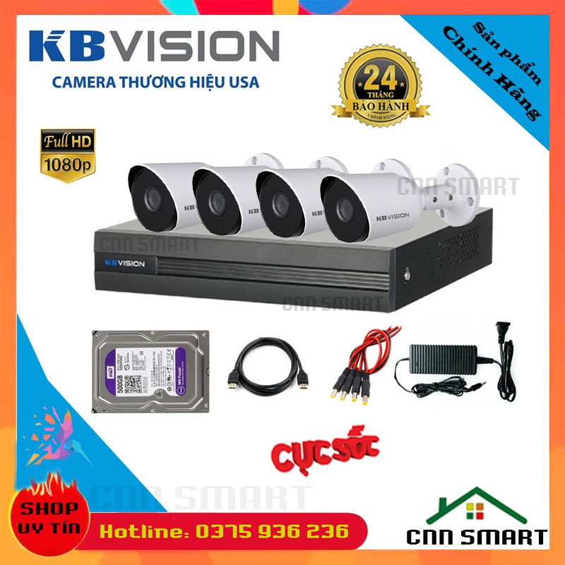 Trọn bộ Camera Giám sát KBVISION FullHD 2M 1080, hồng ngoại 20m, đầy đủ phụ kiện-[ 2100cb4 2112cb4]-Chính Hãng KB VISION