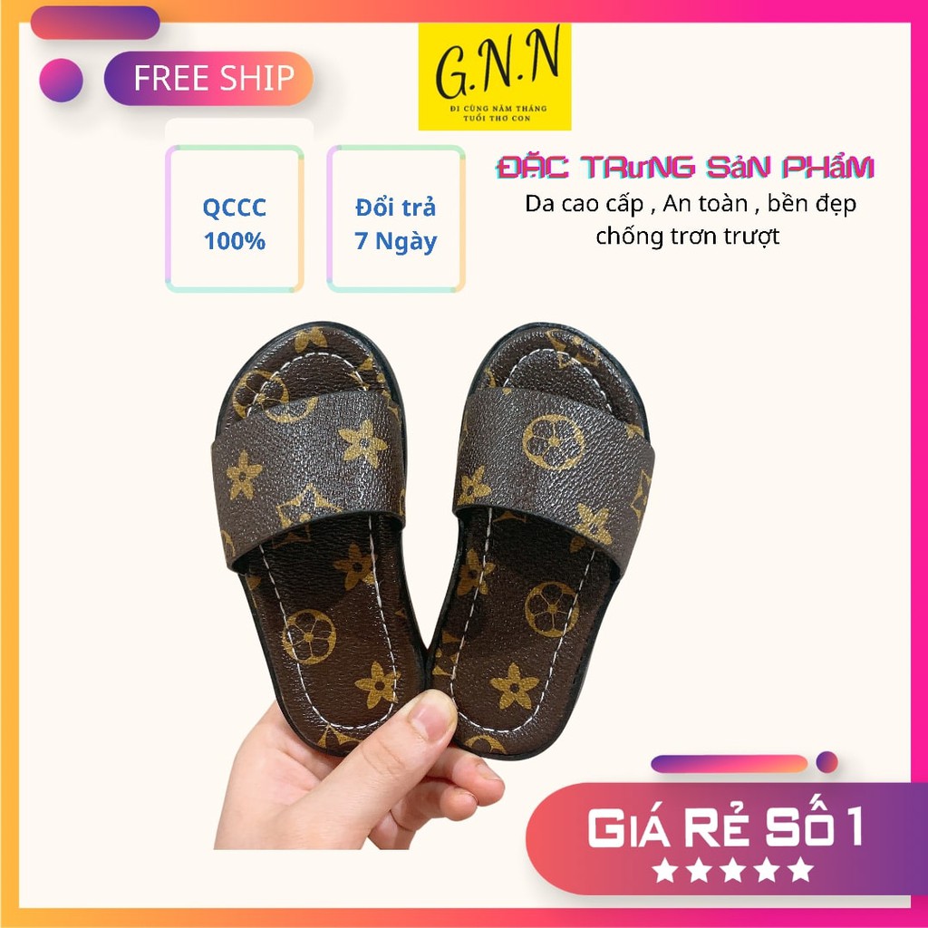 Dép lê cho bé - dép lê quai ngang hoạ tiết Gc.LV chất liệu da cao cấp đế siêu nhẹ cho bé trai bé gái 1-5 tuổi